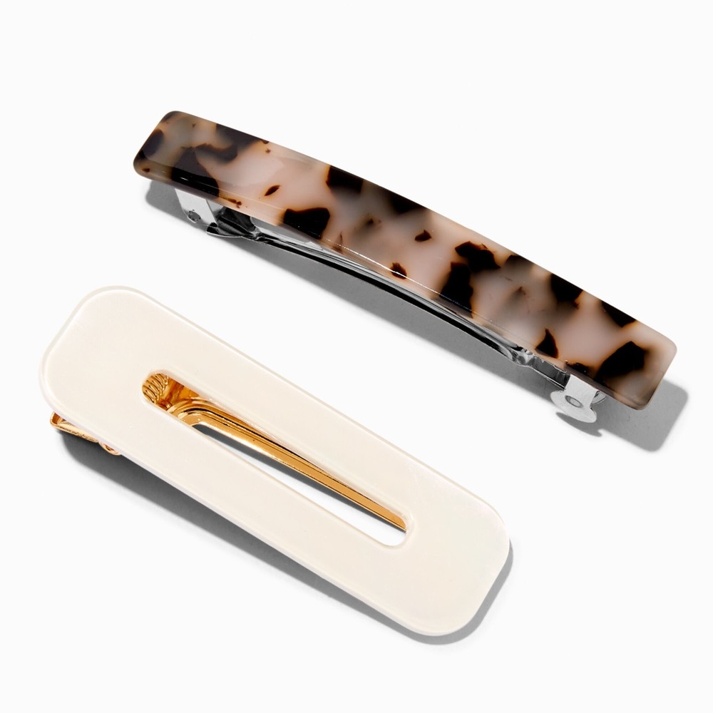 🌸 Claire’s Brown Tortoiseshell & White Rectangle Hair Barrettes - 2 pcs